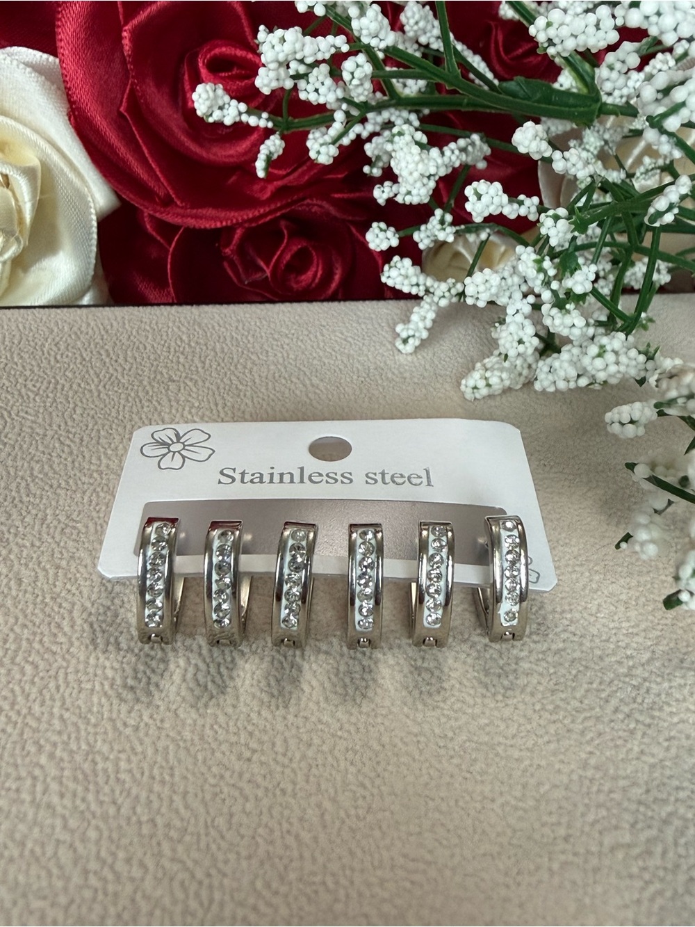 premium Stainless Steel Silver Crystal Huggie Hoop Earrings - Set of 3